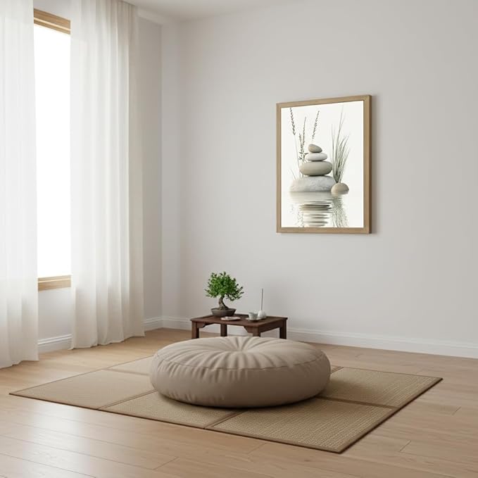 Wooden Frame Zen Stone Canvas Wall Art, Stacked Stones in Water Poster Print.
