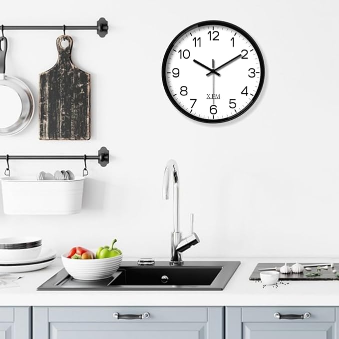 XFM Black Wall Clock 10 Inch Modern Small Wall Clocks Battery Operated Silent