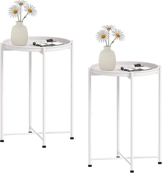 Garden 4 you Small Side Table, White Mini Round End Table, Tray Table with Metal Frame, Modern Nightstand for Living Room, Bedroom, Patio, Small Space, 2pcs