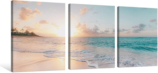Goldfoilart 3 Pieces Beach Wall Art Sunset Bathroom Canvas Pictures Ocean Wall