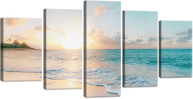 Goldfoilart 5 Pieces Beach Sunset Canvas Wall Art Blue Sea Prints Romantic
