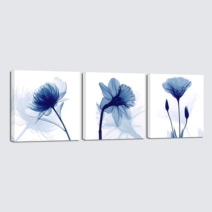 Wieco Art Blue Abstract Flowers 3 Panels Giclee Canvas Prints Wall Art Modern
