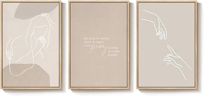 Framed Christian Wall Art Set of 3, Minimalist Neutral Beige Scripture Prints