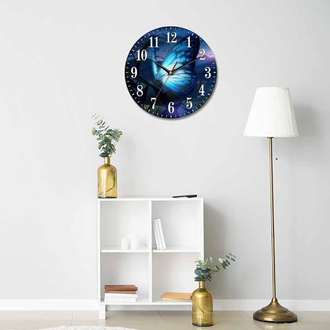Mxocom Butterfly Wall Clock Beautiful Butterfly Radiant Blue Light 10 Inch