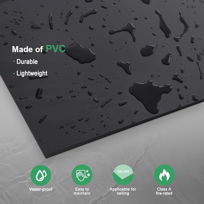 Smooth Black Drop Ceiling Tile 2ft x 4ft, PVC Ceiling Panel 24x48in – Waterproof