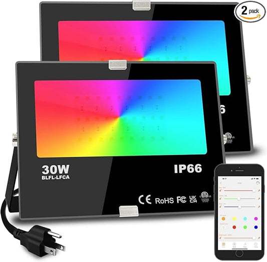 Led Flood Light 30W, 300W Equivalent 3000 LM Outdoor Color Changing Led Stage Landscape Lights, Bluetooth RGBW Smart Floodlights 2700K & 16 Million Colors&Timing& Music Sync, IP66ï¼US 3-Plug (2 Pack)