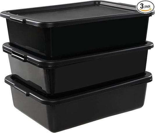 3-Pack 13 L Plastic Commercial Bus Tub with Lid, Restaurant Dish Tub, 4.7" Deep, Black