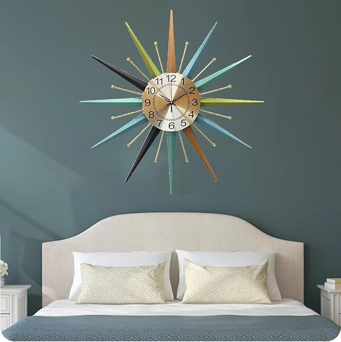 22 Inch Mid-Century Style Metal Crystal Wall Clock, Star-Shaped Silent