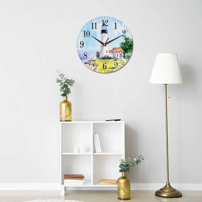 Mxocom Watercolor Lighthouse Wall Clock Building Green Hill Blue Skies House