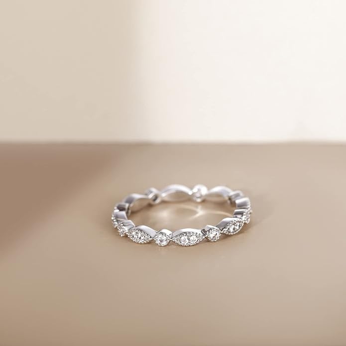 EAMTI 925 Sterling Silver Wedding Band for Women Cubic Zirconia Marquise & Round Milgrain Full Eternity Stackable Ring Size 3-13