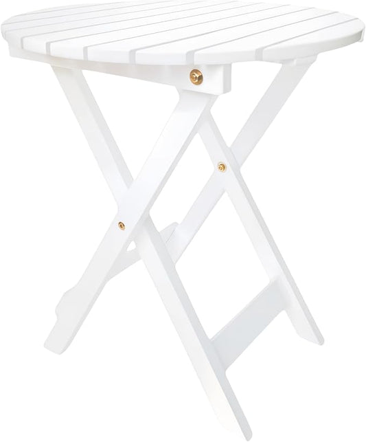 Outdoor Wooden Side Table, Folding Patio End Table, Small Round Furniture Table for Adirondack Chair, Balcony, Porch, Acacia Wood, No Assembly, White
