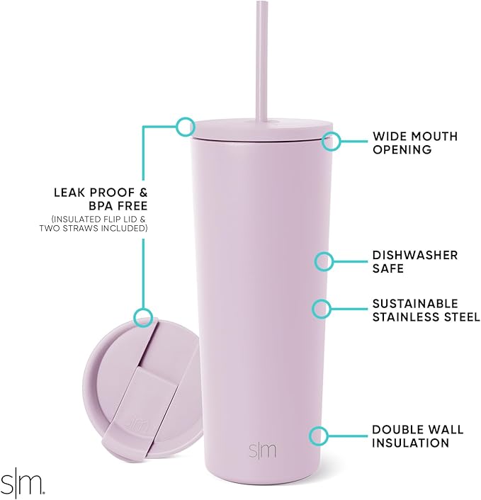 Simple Modern Insulated Tumbler with Lid and Straw | Iced Coffee Cup Reusable Stainless Steel Water Bottle Travel Mug | Gifts for Women Men Her Him | Classic Collection | 24oz | Lavender Mist