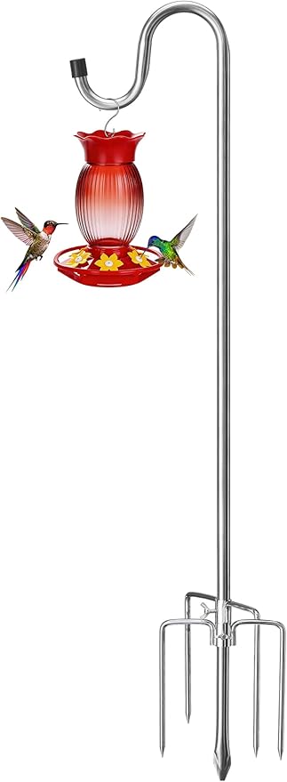 COCONUT 78 Inch Shepherds Hook for Bird Feeder, 5/8 Inch Width Heavy Duty Adjustable Outdoor Shepherd Hooks with 5-Prong Base for Lanterns Planting Hanger Weddings Decor, Silver
