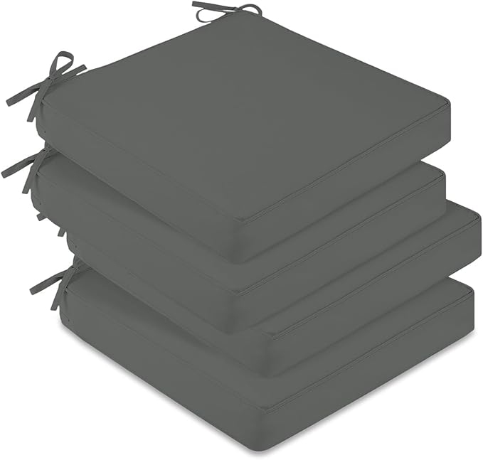 downluxe Waterproof Outdoor Chair Cushions Set of 4, 19" x 19" x 3" Patio Chair Cushion with Non-Slip Ties & Handle, Square Outdoor Cushion for Patio Furniture with Removable Cover, Dark Grey