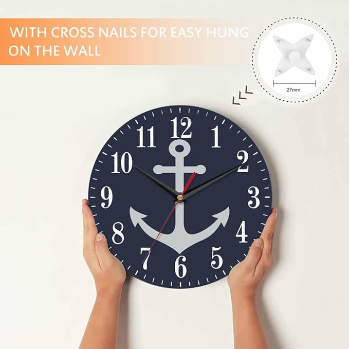 Mxocom Anchor Wall Clock Boat Anchor Marine Navigation Blue 10 Inch Silent Non