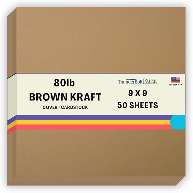 50 Brown Kraft Fiber 80# Cover Paper Sheets - 9" X 9" (9X9 Inches) Scrapbook Album Cover Square Size - Rich Earthy Color with Natural Fibers - 80lb/Pound Cardstock - Smooth Finish