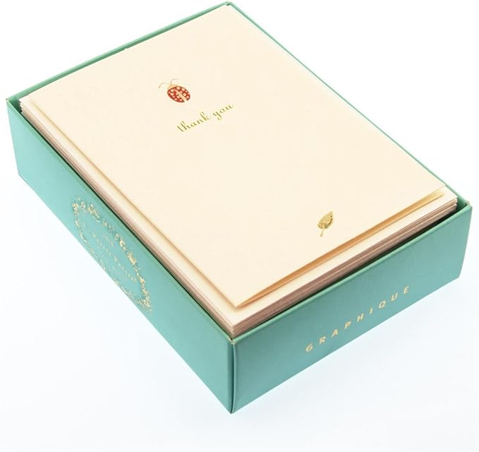 Graphique Ladybug La Petite Presse Boxed Notecards - 10 Embossed and Embellished Gold Foil Ladybug "Thank You" Notes with Matching Envelopes, 3.25" x 4.75"