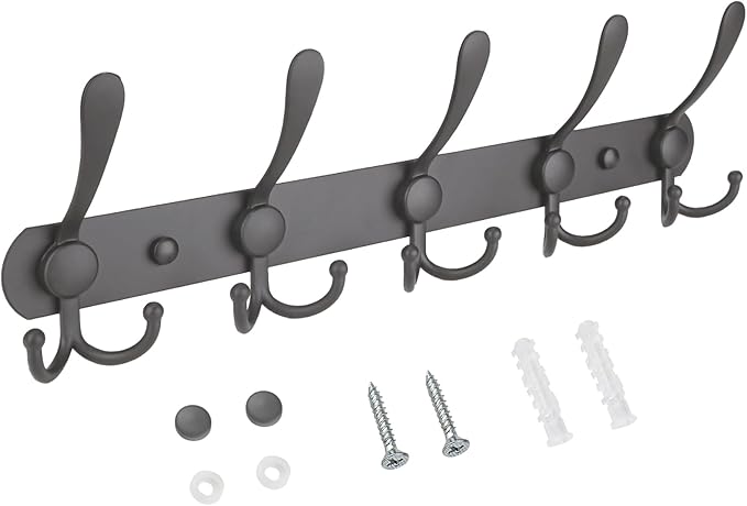 TICONN Wall Mounted Coat Rack, Five Heavy Duty Tri Hooks All Metal Construction