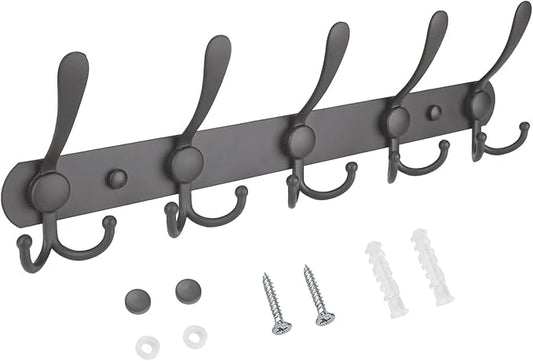 TICONN Wall Mounted Coat Rack, Five Heavy Duty Tri Hooks All Metal Construction