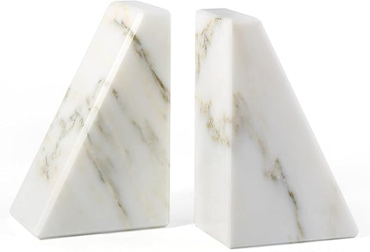Marble Book Ends White, Heavy Duty Book Ends for Shelves, Decorative Natural Book Stopper，Unique Decorative Bookend for Home Shelves Calacatta Natural Marble Bookend, Set of 2