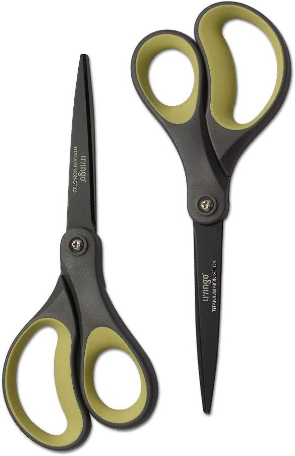 LIVINGO 2 Pack 8" Titanium Non-Stick Scissors, Professional Stainless Steel Comfort Grip, All-Purpose, Straight Office Craft Scissors for Tape, Paper, Cardboard(Green/Yellow)
