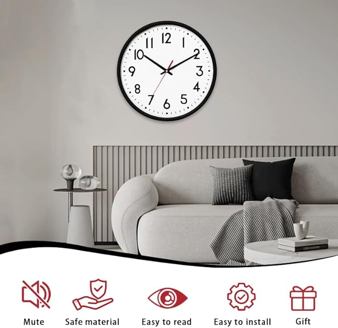 HZDHCLH Wall Clock Black, Silent Wall Clocks Battery Operated 8 Inch Modern Non