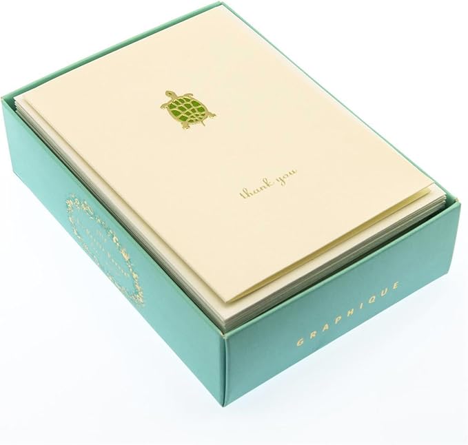 Graphique Turtle La Petite Presse Boxed Thank You Notes - 10 Embossed and Embellished Gold Foil Turtle Thank You Cards with Matching Envelopes, 3.25" x 4.75"