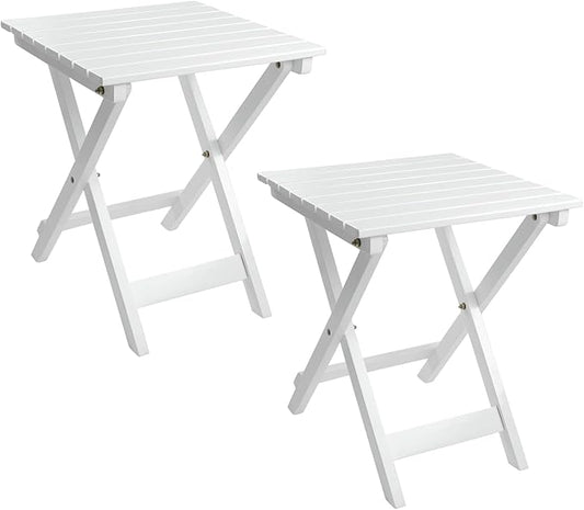 Outdoor Wooden Side Table, Folding Patio End Table Set of 2, Small Square Furniture Table for Adirondack Chair, Balcony, Porch, No Assembly, White