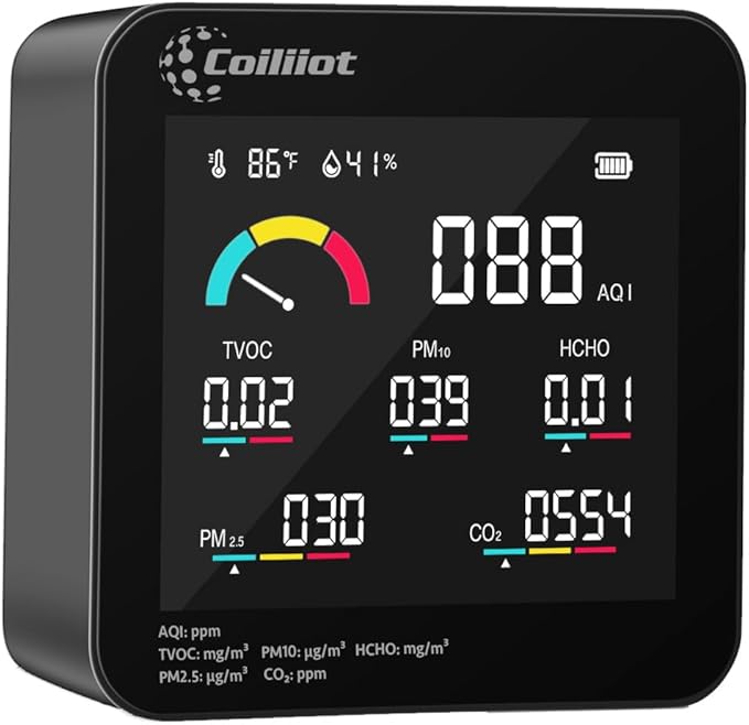 Air Quality Monitor Indoor â CO2 Detector, VOC Meter and AQI Tester Tracks TVOC, HCHO, PM2.5 & PM10 with Temperature & Humidity Sensor for Home Office (Black)