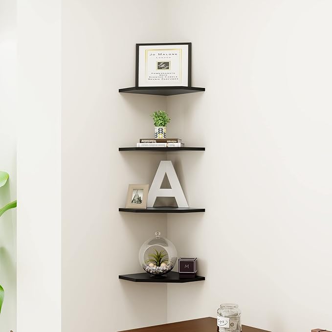WELLAND 12-Inch Black Floating Corner Shelves Set of 2, Wall Mounted Storage