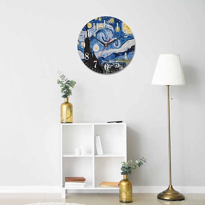 Mxocom The Starry Night Wall Clock Art Oil Painting Moon Mountain Village Van
