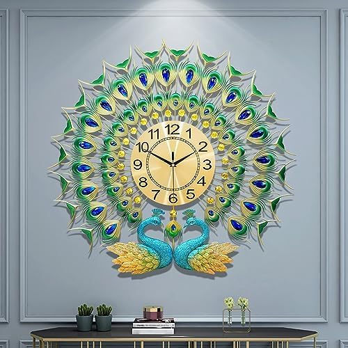 Large Peacock Wall Clock 27.6 inch Non-Ticking Silent Crystal Creative