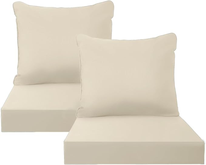 PatioGlow Outdoor Seat Cushion Set, 24" x 24" x 3.5", Set of 2, Water-Resistant & Fadeness Patio Furniture Cushions with Removable Cover & Ties, Thick Deep Seating Pads for Outside Sofa Couch, Khaki