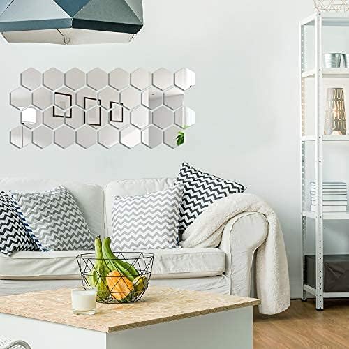 Shappy 32 Pcs Hexagon Mirror Wall Stickers Removable Silver Acrylic Mirror