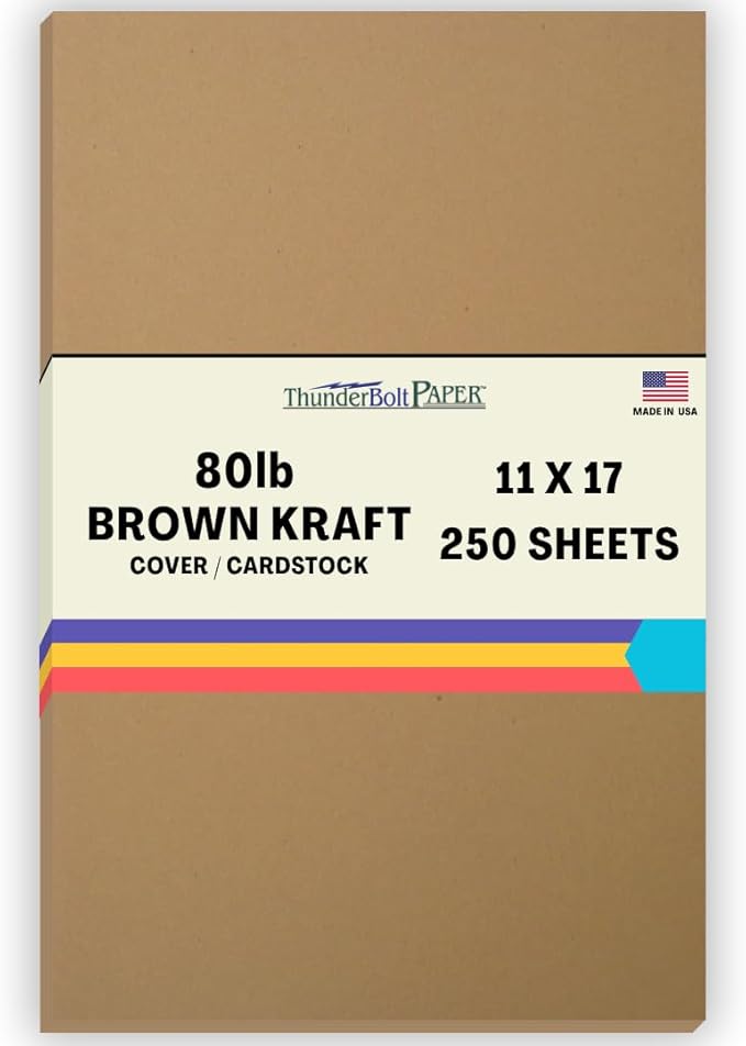 250 Brown Kraft Fiber 80# Cover Paper Sheets - 11" X 17" (11X17 Inches) Tabloid|Ledger|Booklet Size - Rich Earthy Color with Natural Fibers - 80lb/pound Cardstock - Smooth Finish
