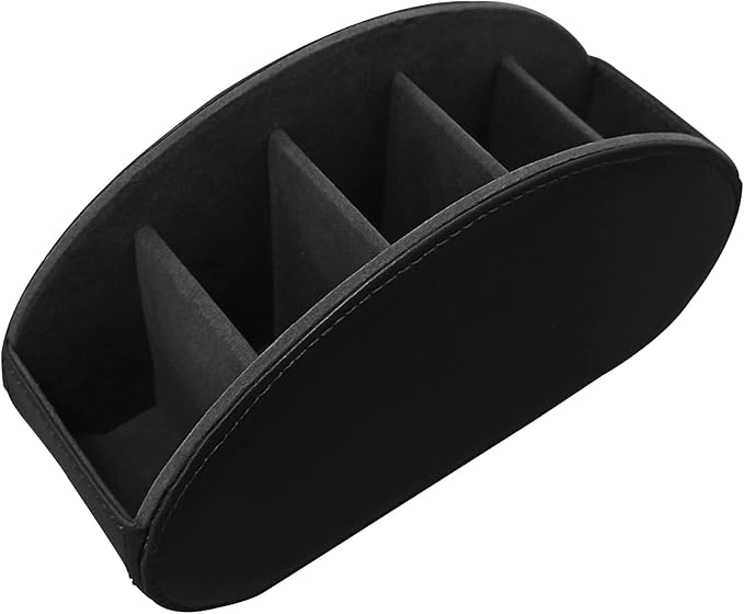 Leather Remote Control Holder with 5 Compartments TV Remote Caddy Storage Box/Tray,Desktop Organizer Store Controller,Glasses,Brush,Media Player,Pen,Space Saver for Bedside Table/Office Desk(Black)