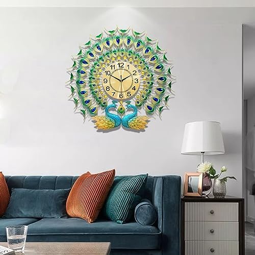 Large Peacock Wall Clock 27.6 inch Non-Ticking Silent Crystal Creative