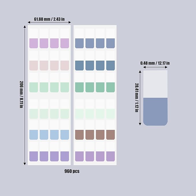 AccEncyc 960 Pcs Colored Index Tab 0.5"x1.1" Large Book Sticky Tabs Repositionable Page Tabs Flags Page Markers Labels for Notebooks, Filing, Classification,12 Colors