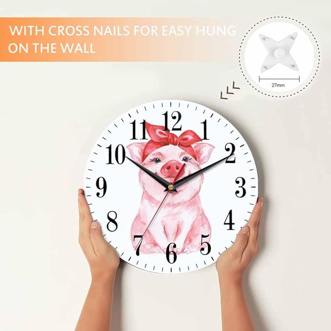 Mxocom Pink Pig Wall Clock Funny Cartoon Pig Wearing Red Bandana 10 Inch Silent