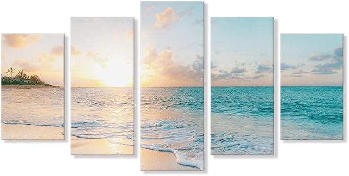 Goldfoilart 5 Pieces Beach Sunset Canvas Wall Art Blue Sea Prints Romantic
