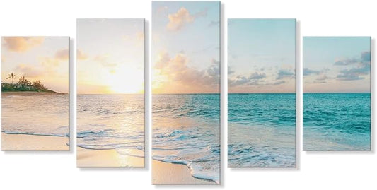 Goldfoilart 5 Pieces Beach Sunset Canvas Wall Art Blue Sea Prints Romantic