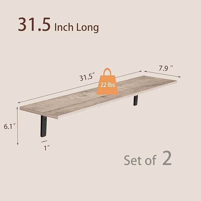 DINZI LVJ Long Wall Shelves, 31.5 Inch Wall Mounted Shelves Set of 2,