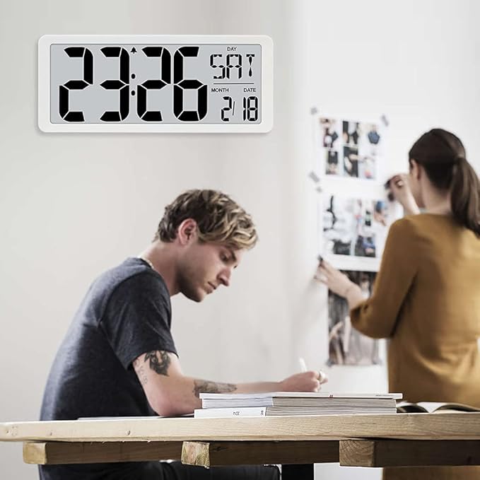 TXL 14.2" Large Digital Day Wall Clock, Custom 8 Languages Calendar, Count
