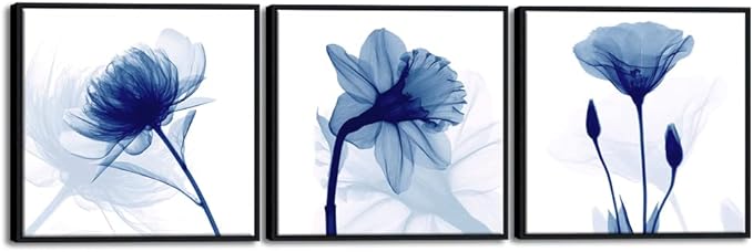 Wieco Art Framed Wall Art Blue Abstract Flowers 3 Panels Canvas Prints Home Art