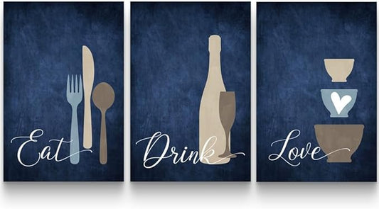 GUBIYU Premium Navy Blue Wall Art Set of 3, Large Dining Room Kitchen Signs