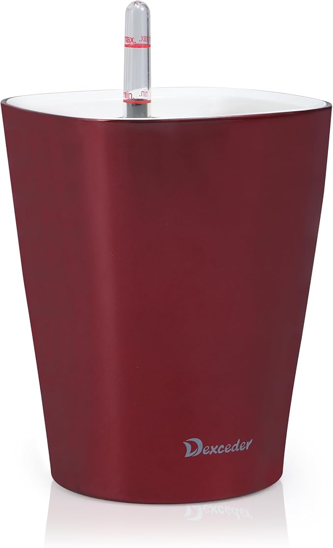 Dexceder 6x7 Self Watering Planter Indoor Outdoor, High Gloss Table Flower Plant Pot with Water Level Indicator (Wine Red)