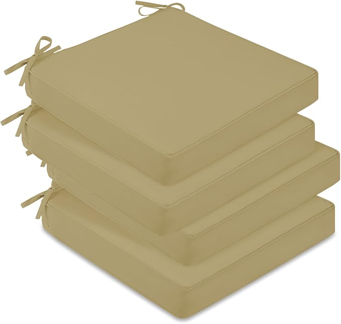 downluxe Waterproof Outdoor Chair Cushions Set of 4, 19" x 19" x 3" Patio Chair Cushion with Non-Slip Ties & Handle, Square Outdoor Cushion for Patio Furniture with Removable Cover, Khaki