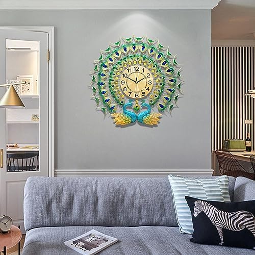 Large Peacock Wall Clock 27.6 inch Non-Ticking Silent Crystal Creative