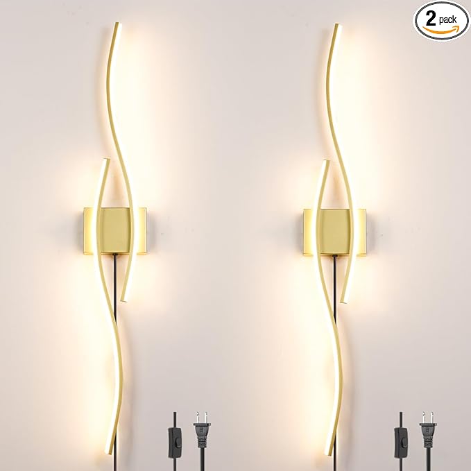 Daunton Modern Gold Plug in Wall Sconces Set of Two, RC Dimmable LED Plug in
