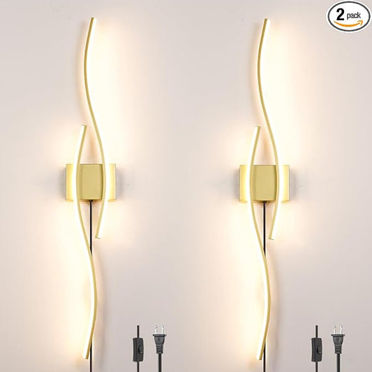 Daunton Modern Gold Plug in Wall Sconces Set of Two, RC Dimmable LED Plug in